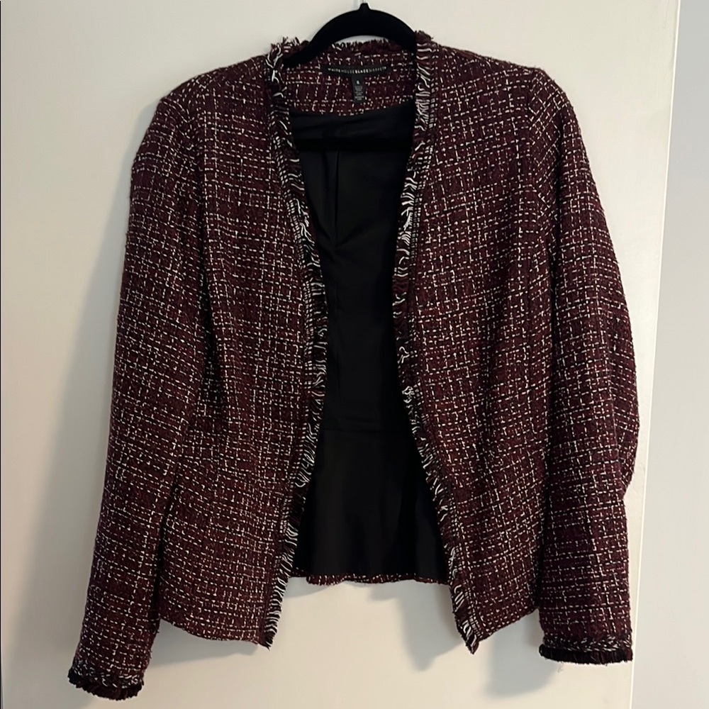 White House Black Market Burgundy Tweed Fringed Open Blazer
